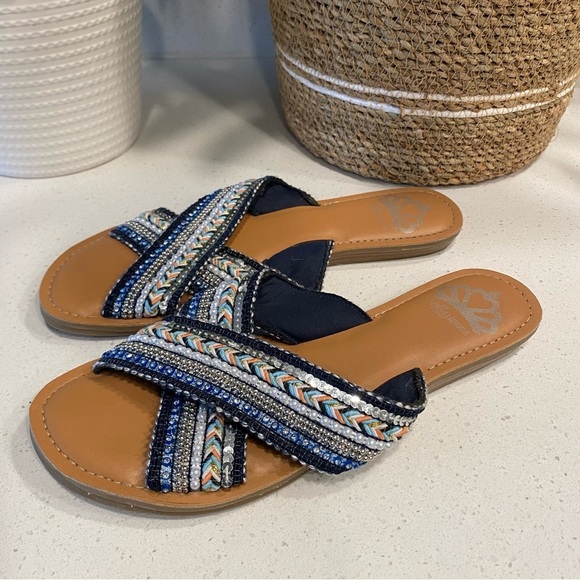 Fergalicious Starlit Criss Cross Sequin & Beaded Sandals Women’s 6.5 - Picture 1 of 8